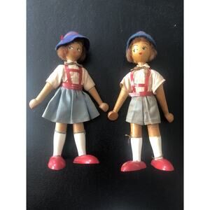 1950s Vintage Polish Wooden Peg Dolls Folk Art Hand Painted MCM Made in Poland